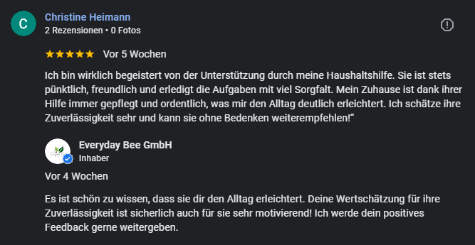 Google Bewertungen Bewertung von Nutzerin über ihren Erfahrung mit einem Kundenservice.