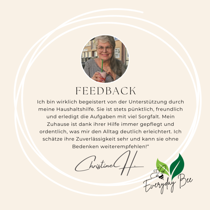 Christine Feedback zur Unterstützung durch meine Haushälterin, unterschrieben von Carolina H.