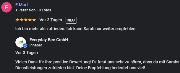 Google Bewertungen Screenshot einer Kundenbewertung mit 5 Sternen und einem Kommentar.
